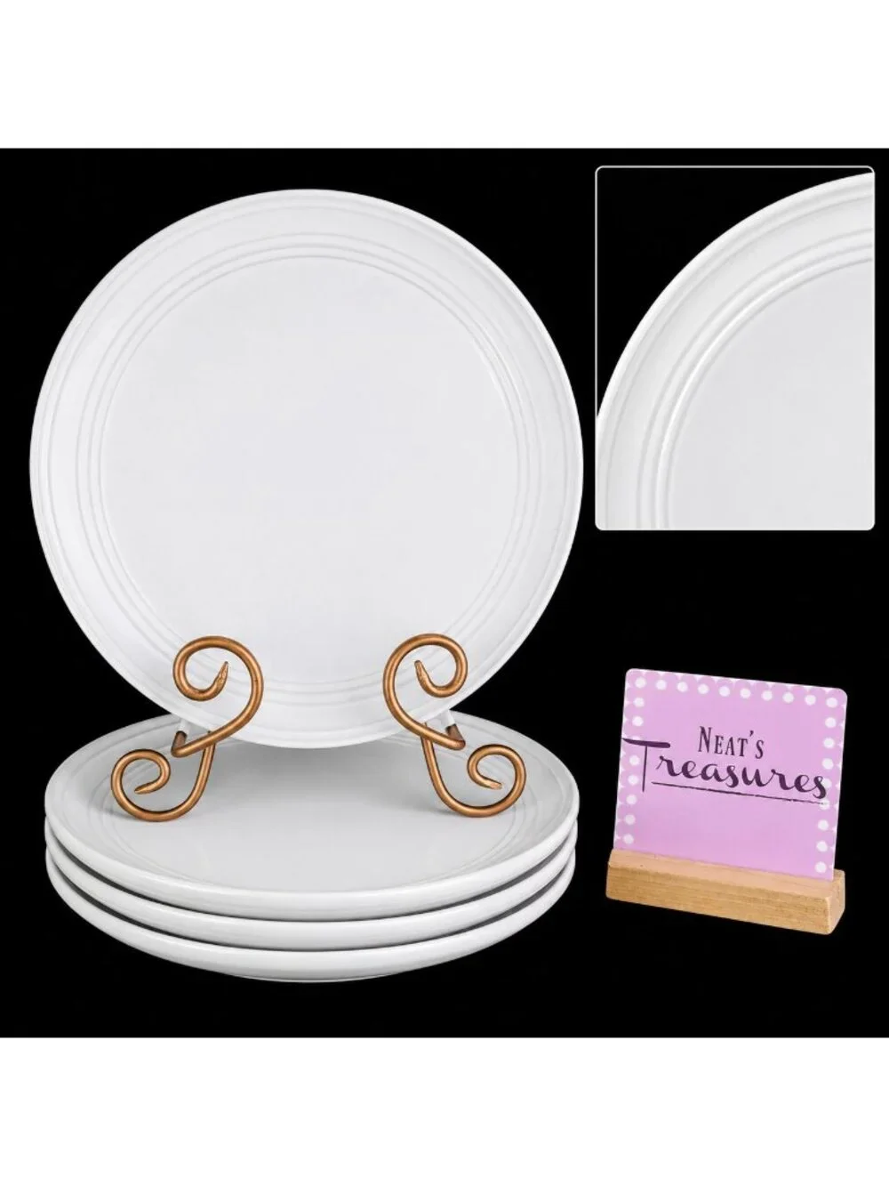 Ten Strawberry Street GALAXY White Embossed Rings Coupe Dinner Plates Set of 4